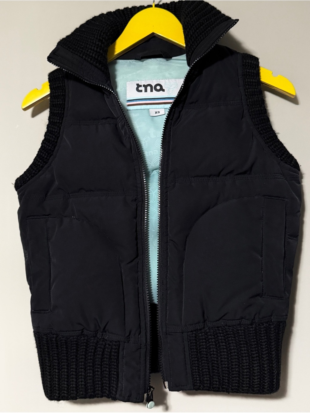 TNA Vintage black puffer vest with knit details Size XS